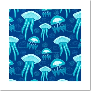 Blue Jelly Fish In The Deep Ocean Posters and Art